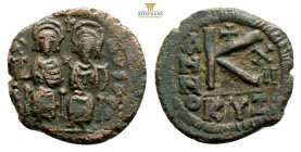 Justin II and Sophia, AD 565-578. AE, Half Follis. 5,4 g. 22,9 mm. Cyzicus.Obv: DNIVSTI-NVSPPAV. Justin II on left and Sophia on right, seated, nimbat...