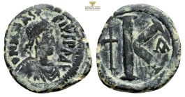 Anastasius I. (491-518 AD). Follis. Constantinople. Obv: D N ANASTAIUS P P AVG. diademed bust of Anastasius right. Rev: K. 10 g. - 28,4 mm.