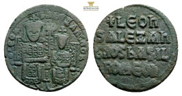 LEO VI THE WISE (886-912). Follis. Constantinople. 7 g. 25,6 mm.Obv: + LEOn S ALEXAnGROS.Leo VI and Alexander, each crowned and wearing loros, seated ...