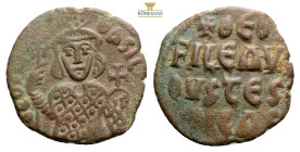 Theophilus (829-842 AD). ConstantinopleAE Follis (28.1 mm 7.5 g)Obv: ΘEOFIL BASIL, crowned half-length bust of Theophilus facing, holding labarum and ...