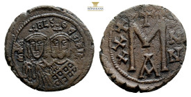 Michael II with Theophilus AD 820-829. Constantinople Follis Æ 24,6 mm., 5,9 g. MIXA-HL S ΘEOFI; Michael, wearing crown and chlamys with short beard o...