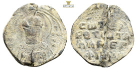 Byzantine Lead Seal ( 10th century)
Obv: Facing bust saint.
Rev: 4 (four) lines of text. Pearl border. 9,4 g. 27,5 mm.