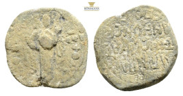 Obverse: Mary standing, front, proportions. Last line illegible. The back side has 5 lines of text starting with a cross. The pearl border lines are c...