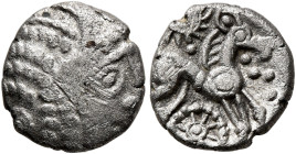 BRITAIN. Belgae. Uninscribed, circa 65-40 BC. Unit (Silver, 11 mm, 0.86 g), 'Danbury Sunrays' type. Horned head to right, with corded lines for hair. ...