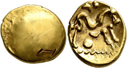NORTHEAST GAUL. Ambiani. Circa 60-30 BC. Stater (Gold, 20 mm, 6.05 g), 'statère uniface' type. Irregular blank convex surface. Rev. Celticized horse g...