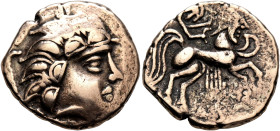 CENTRAL GAUL. Pictones. Circa 100-50 BC. Stater (Electrum, 20 mm, 6.60 g, 6 h), Loire and Gironde region. Celticized head to right, surrounded by long...