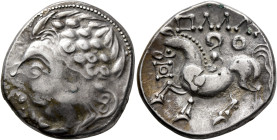 MIDDLE DANUBE. Uncertain tribe. 2nd century BC. Tetradrachm (Silver, 25 mm, 12.18 g, 3 h), 'Zickzackgruppe' type, imitating Philip II of Macedon. Styl...