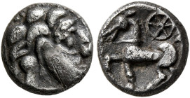 MIDDLE DANUBE. Uncertain tribe. Circa 2nd-1st century BC. Obol (Silver, 8 mm, 0.90 g, 11 h). Celticized beardless head to right. Rev. Celticized bridl...