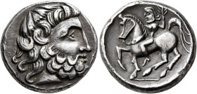 LOWER DANUBE. Uncertain tribe. Circa 2nd century BC. Tetradrachm (Silver, 22 mm, 12.45 g, 12 h), 'Zweigarm' type, imitating Philip II of Macedon. Celt...