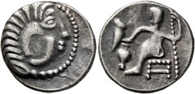 LOWER DANUBE. Uncertain tribe. Circa 2nd-1st centuries BC. Drachm (Silver, 18 mm, 3.08 g, 12 h), imitating Alexander III of Macedon. Celticized head o...