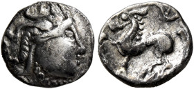 LOWER DANUBE. Uncertain tribe. Circa 2nd-1st century BC. Obol (Silver, 9 mm, 0.65 g, 6 h). Celticized bearded head to right. Rev. Celticized horse pra...
