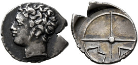 GAUL. Massalia. Circa 310-250 BC. Obol (Silver, 11 mm, 0.64 g, 12 h). Bare head of Apollo to left. Rev. M-A within wheel of four spokes. Depeyrot 15C....