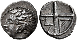 GAUL. Massalia. Circa 336-310 BC. Obol (Silver, 9 mm, 0.59 g). Bare head of Apollo to left. Rev. M-A Wheel of four spokes. Depeyrot 15C. Maurel 379. D...
