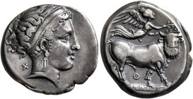 CAMPANIA. Neapolis. Circa 370 BC. Didrachm or Nomos (Silver, 20 mm, 7.27 g, 4 h). Head of a nymph to right, wearing broad headband, triple-pendant ear...