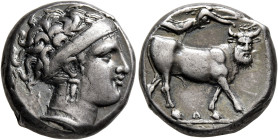 CAMPANIA. Neapolis. 350-325 BC. Didrachm or Nomos (Silver, 18 mm, 7.59 g, 3 h). Head of a nymph to right, wearing broad headband, triple-pendant earri...
