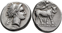 CAMPANIA. Neapolis. Circa 300-275 BC. Didrachm or Nomos (Silver, 21 mm, 7.21 g, 11 h), Parme..., magistrate. Diademed head of a nymph to right, wearin...