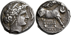 CAMPANIA. Neapolis. Circa 300 BC. Didrachm or Nomos (Silver, 19 mm, 7.16 g, 2 h), Ouillios, magistrate. Head of nymph to right, wearing triple-pendant...