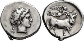 CAMPANIA. Neapolis. Circa 300-275 BC. Didrachm or Nomos (Silver, 23 mm, 7.28 g, 11 h). Diademed head of a nymph to right, wearing triple-pendant earri...