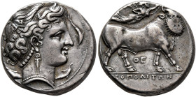CAMPANIA. Neapolis. Circa 300 BC. Didrachm or Nomos (Silver, 20 mm, 7.47 g, 4 h). Diademed head of a nymph to right, wearing triple-pendant earring an...