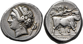 CAMPANIA. Neapolis. Circa 275-250 BC. Didrachm or Nomos (Silver, 20 mm, 7.30 g, 3 h). Diademed head of a nymph to left, wearing pendant erring and pea...