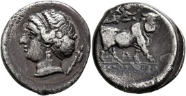 CAMPANIA. Neapolis. Circa 275-250 BC. Didrachm or Nomos (Silver, 22 mm, 7.10 g, 7 h). Diademed head of a nymph to left, wearing pendant erring and pea...