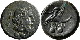 CALABRIA. Brundisium. Circa 215 BC. Sextans (Bronze, 29 mm, 18.75 g, 8 h). Laureate head of Poseidon to right; behind, Nike flying to right above trid...