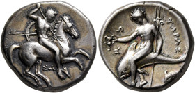 CALABRIA. Tarentum. Circa 315-302 BC. Didrachm (Silver, 20 mm, 7.75 g, 5 h), Sa..., magistrate. Nude rider on horse galloping to right, stabbing with ...