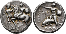 CALABRIA. Tarentum. Circa 280-272 BC. Didrachm or Nomos (Silver, 21 mm, 7.91 g, 12 h). Nude warrior on horseback to left, holding bridles in his right...