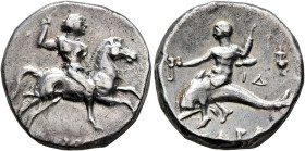 CALABRIA. Tarentum. Circa 272-240 BC. Didrachm or Nomos (Silver, 20 mm, 6.37 g, 6 h), Hippoda(s) and Id..., magistrates. Warrior, nude, holding javeli...