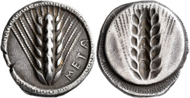 LUCANIA. Metapontion. Circa 510-470 BC. Stater (Silver, 25 mm, 8.00 g, 12 h). ΜΕΤΑ Ear of barley with six grains; cable border. Rev. Incuse ear of bar...