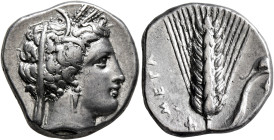 LUCANIA. Metapontion. Circa 340-330 BC. Nomos (Silver, 20 mm, 7.72 g, 6 h). Demeter to right, wearing wreath of grain ears, pendant earring and simple...