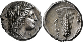 LUCANIA. Metapontion. Circa 290-280 BC. Nomos (Silver, 20 mm, 7.66 g, 10 h). Head of Demeter to right, wearing wreath of grain ears, single pendant ea...