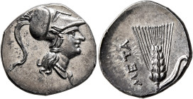 LUCANIA. Metapontion. Punic occupation, circa 215-207 BC. Half Shekel (Silver, 19 mm, 3.44 g, 5 h). Head of Athena to right, wearing crested Corinthia...