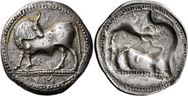LUCANIA. Sybaris. Circa 550-510 BC. Stater (Silver, 29 mm, 7.79 g, 12 h). Bull standing left on dotted ground line, his head turned back to right; in ...