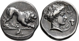 LUCANIA. Velia. Circa 400-340 BC. Didrachm or Nomos (Silver, 21 mm, 7.71 g, 10 h). Lion crouching right; in exergue, owl standing right. Rev. ΥΕΛΗ Hea...
