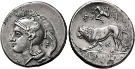 LUCANIA. Velia. Circa 300-280 BC. Didrachm or Nomos (Silver, 22 mm, 7.25 g, 6 h), Philistion Group. Head of Athena to left, wearing crested Attic helm...