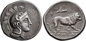 LUCANIA. Velia. Circa 300-280 BC. Didrachm or Nomos (Silver, 21 mm, 7.29 g, 7 h). Head of Athena to right, wearing crested, winged and laureate Attic ...