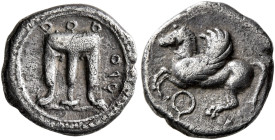 BRUTTIUM. Kroton. Circa 525-425 BC. Triobol (Silver, 12 mm, 1.28 g, 3 h). ϘPO Tripod with feet terminating in lion's paws and three ring handles on th...
