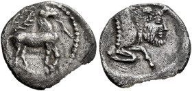 SICILY. Gela. Circa 465-450 BC. Litra (Silver, 12 mm, 0.67 g, 1 h). Bridled horse standing right, reins trailing from mouth; above, wreath. Rev. [CEΛA...
