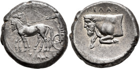 SICILY. Gela. Circa 425-420 BC. Tetradrachm (Silver, 25 mm, 17.34 g, 5 h). Charioteer driving quadriga moving slowly to the left; above, Nike flying l...