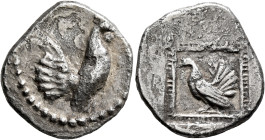 SICILY. Himera. Circa 500-483/2 BC. Drachm (Silver, 21 mm, 5.45 g, 12 h). Rooster standing right. Rev. Hen standing left; all within segmented square ...