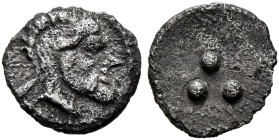 SICILY. Himera. Circa 455-430/25 BC. Tetras or Trionkion (Silver, 6 mm, 0.13 g). Bearded male head to right, with goat's ear and horns. Rev. Three pel...