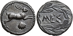SICILY. Messana. Circa 420-413 BC. Litra (Silver, 13 mm, 0.67 g, 11 h). Hare springing right; below, cockle shell. Rev. MEΣ within laurel wreath. Calt...