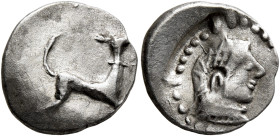 SICILY. Segesta. Circa 380 BC. Hemidrachm (Silver, 14 mm, 1.07 g, 12 h), a contemporary imitation. Hound to right. Rev. Head of the nymph Segesta to r...