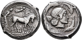SICILY. Syracuse. Deinomenid Tyranny, 485-466 BC. Tetradrachm (Silver, 24 mm, 17.19 g, 12 h), circa 480-475. Charioteer, holding kentron in his right ...