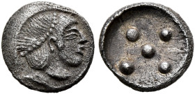 SICILY. Syracuse. Deinomenid Tyranny, 485-466 BC. Pentonkion (Silver, 7 mm, 0.25 g), circa 475-470. Head of Arethousa to right, wearing pearl diadem. ...