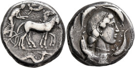 SICILY. Syracuse. Second Democracy, 466-405 BC. Tetradrachm (Silver, 23 mm, 16.77 g, 11 h), circa 450-440. Charioteer driving quadriga walking to righ...