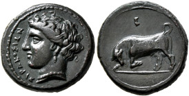 SICILY. Syracuse. Agathokles, 317-289 BC. AE (Bronze, 17 mm, 3.76 g, 10 h), circa 317-310. ΣYPAKOΣIΩN Head of Arethousa to left, wearing pendant earri...