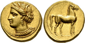 CARTHAGE. Circa 350-320 BC. Stater (Gold, 18 mm, 9.23 g, 7 h). Head of Tanit to left, wearing wreath of grain ears, triple-pendant earring and elabora...