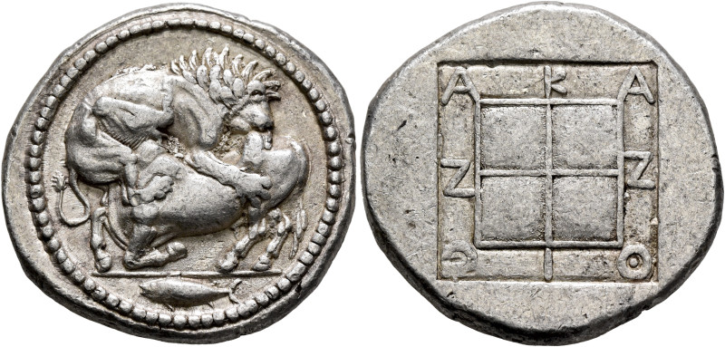 MACEDON. Akanthos. Circa 470-430 BC. Tetradrachm (Silver, 30 mm, 17.31 g). Lion ...